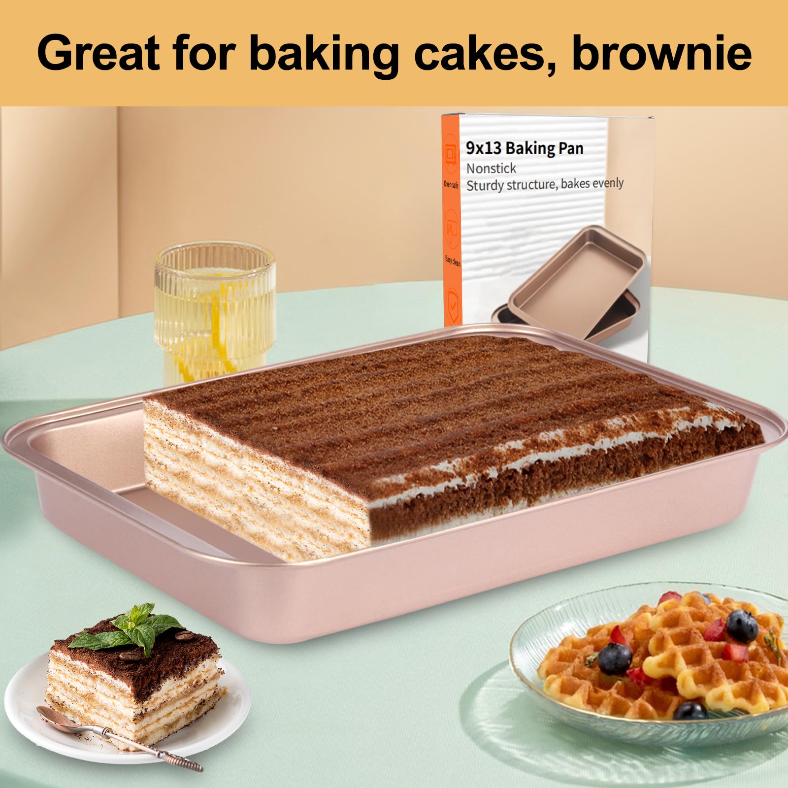 Barlket 9x13 Baking Pan & Dish, 13x9 Nonstick Rectangle Cake Pan, Rose Gold