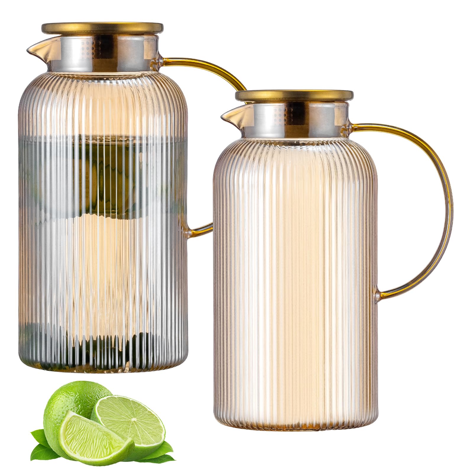 Buaic 2 PACK Glass Pitcher with Lid, 84 oz/ 2.5L Amber Glass Water Pitcher