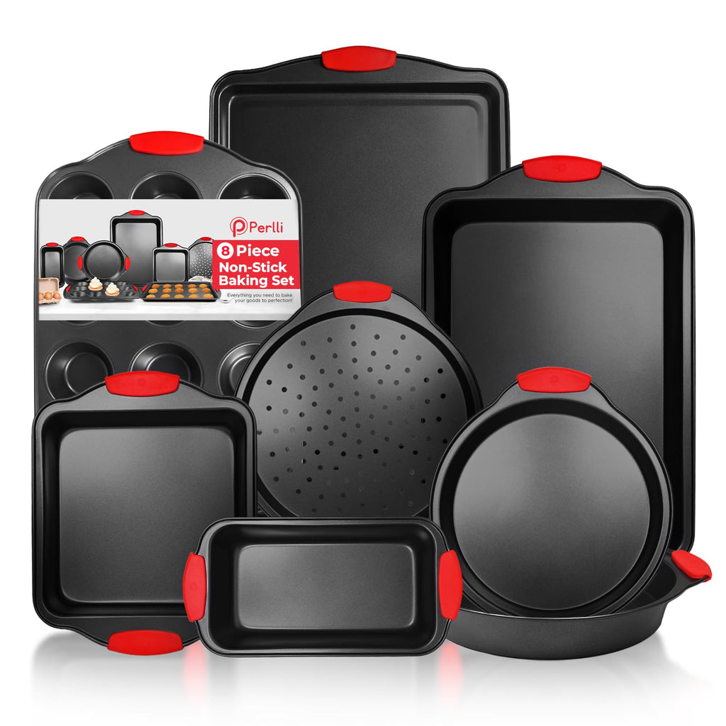 PERLLI Non-Stick 8-Piece Baking Pan Set, BPA-Free Carbon Steel Bakeware Set with Silicone Handles, Stackable Kitchen Oven Set, Cookie Sheet, Baking Tray, Baking Sheet Set, Oven Safe (446°F)