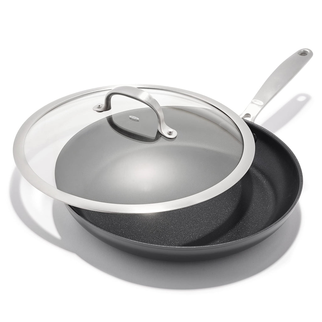 OXO Enhanced 12” Nonstick Frying Pan Skillet with Lid, Ceramic PFAS-Free Cookware, Durable Hard Anodized, Scratch Resistant, Stainless Steel Handle, Eggs & Omelets, Dishwasher & Oven Safe, Black