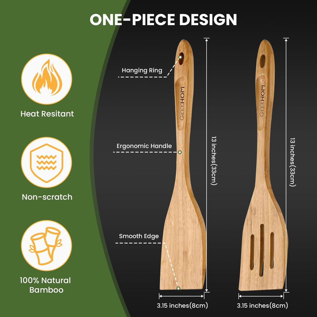 GEEKHOM Slotted Wooden Spurtle Bamboo Turners: 13 Inch Long Handle for Sourdough Starter, Mixing Reaching Jar Bottom, Nonstick Cookware 2 Pack