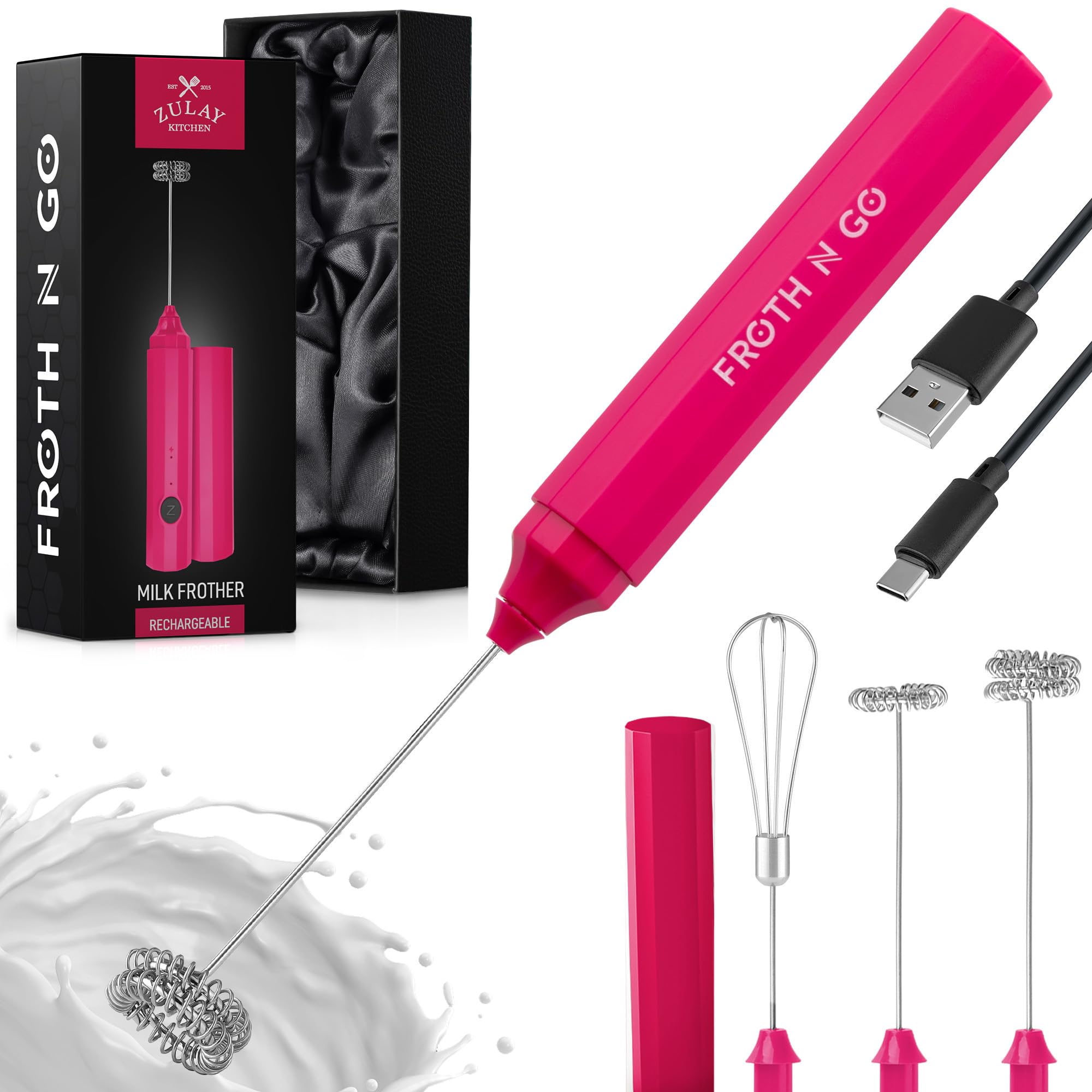 Zulay Froth N Go Milk Frother – Rechargeable 3-in-1 Handheld Frother Wand with Travel Case & USB-C Charger – Single, Double & Egg Whisk for Latte, Cappuccino, Matcha, Protein Shakes – Dragonfruit