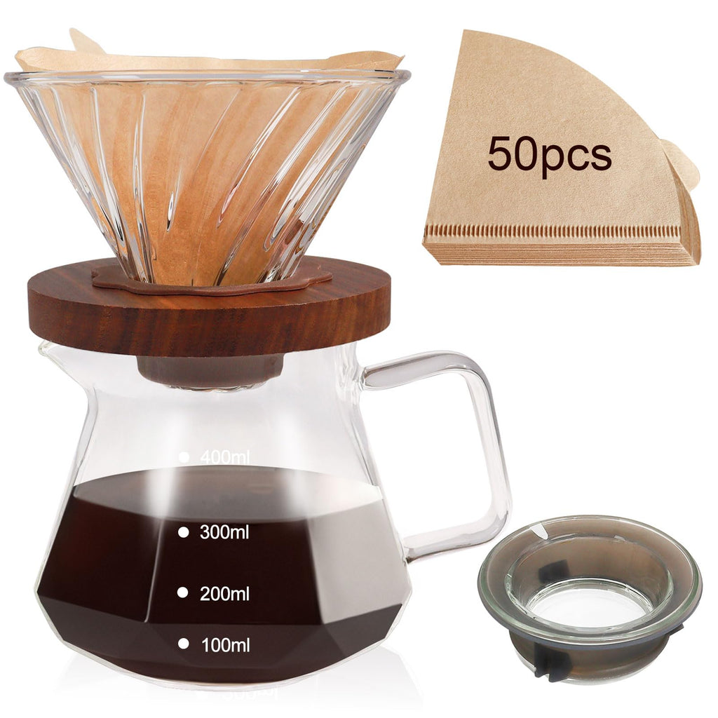 DITOSH Pour Over Coffee Maker 13.5oz Portable Glass Coffee Maker High Borosilicate Glass Eagle Beak Spout Design with 50 Pcs Filter Paper Walnut Wood Base for Pour Over for Daily Brewing 400ml