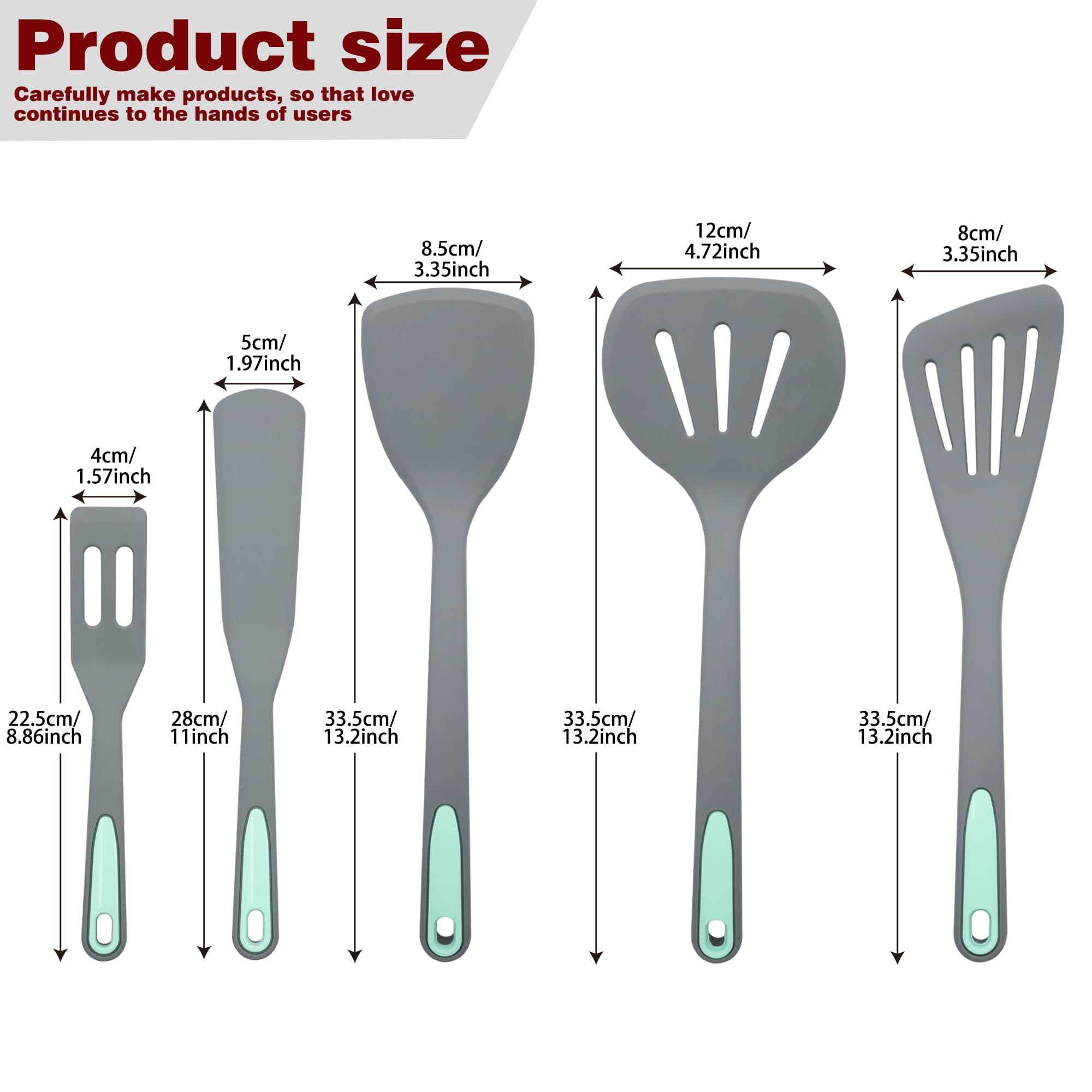 To encounter 5 Pieces Silicone Spatula Set, Non-Stick Silicone Turner Spatulas, Heat Resistance Cooking Utensils, Flip Turner for Fish, Egg, Pancake,Dishwasher Safe, Light Grey