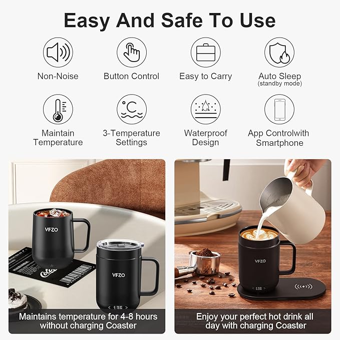 16Oz Temperature Control Smart Mug, Self Heating Coffee Mug LED Display, 180 Min Battery Life - Hot up to 149℉ Fast Wireless Charger Base Improved Design coffee serving sets mug(16oz, Black)
