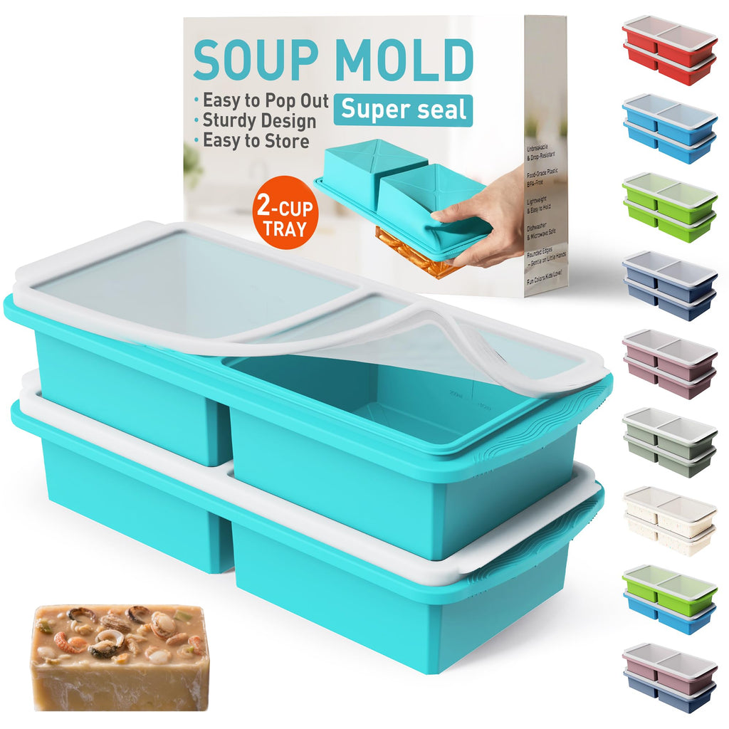 Silicone Freezer Tray with Lid Soup Freezer Container Molds with Steel Reinforced Rim Ice Cube Freezer Molds for Soup, Sauce, Leftovers, Homemade Meal Prep Containers Portion Control Food Storage