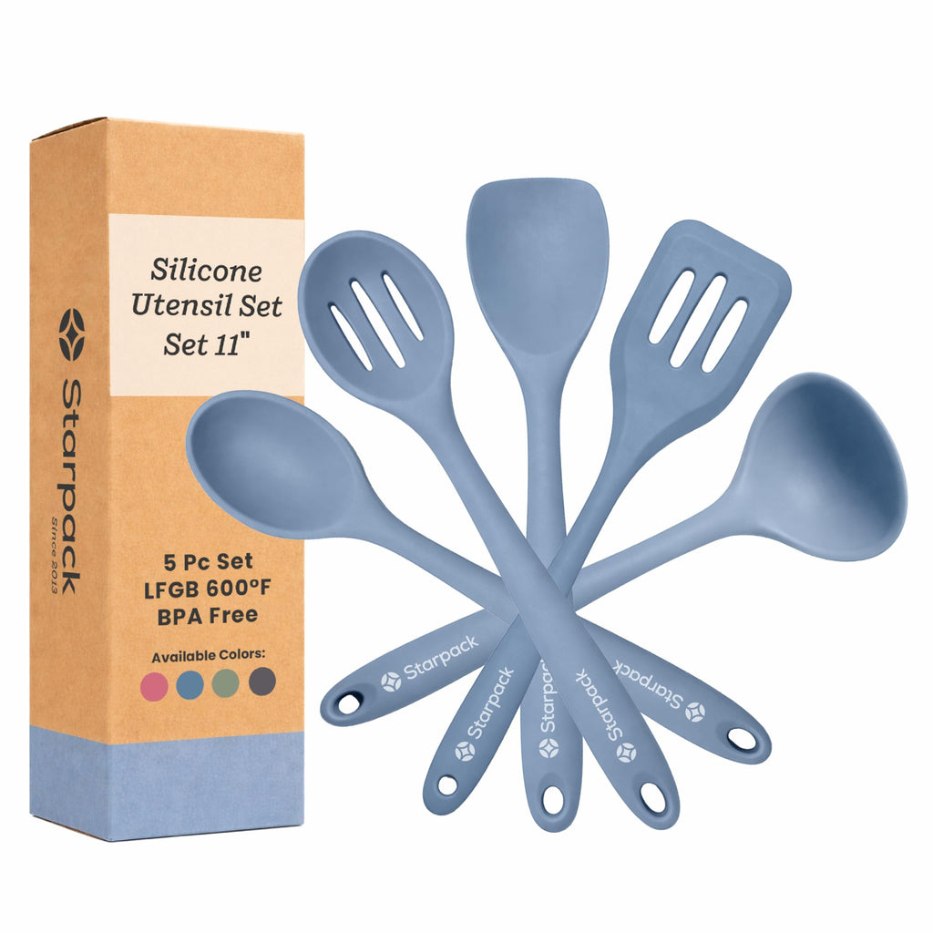 Starpack Stir and Serve Silicone Cooking Utensils Set (5-Piece, 11") - LFGB Non Toxic, 600°F Heat Resistant, BPA-Free - One-Piece Seamless, Dishwasher Safe - for Nonstick Cookware, Sage Green
