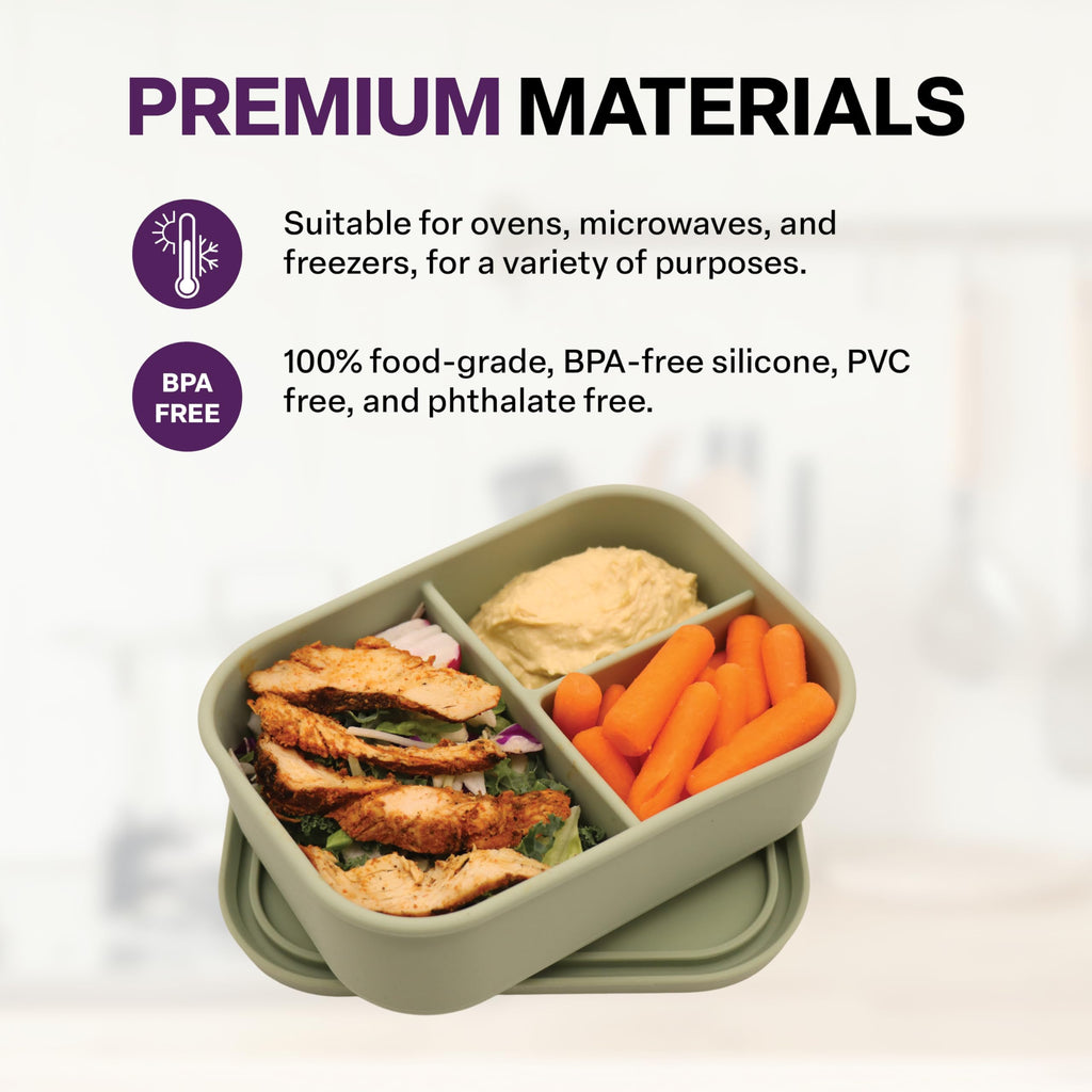 Silicone Bento Box, 3 Compartments, BPA-Free, Leak-Resistant, Dishwasher and Microwave Safe, Perfect for Work, Travel & Meal Prep, (Green)