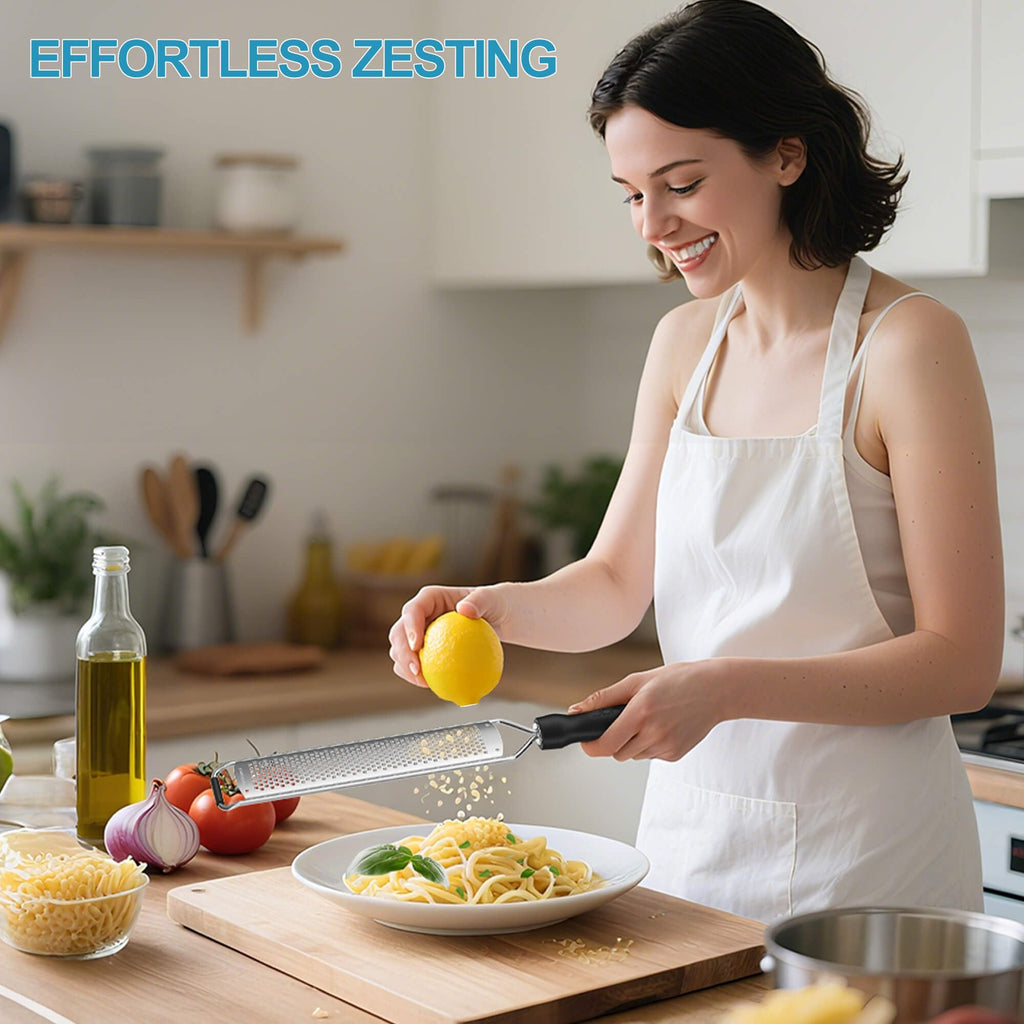 Zester Grater, Lemon Zester Grater with Handle, Premium Stainless Steel Citrus Zester for Parmesan, Garlic, Chocolate, Ginger, Non-Slip Grip, Safety Cover & Cleaning Brush, Black