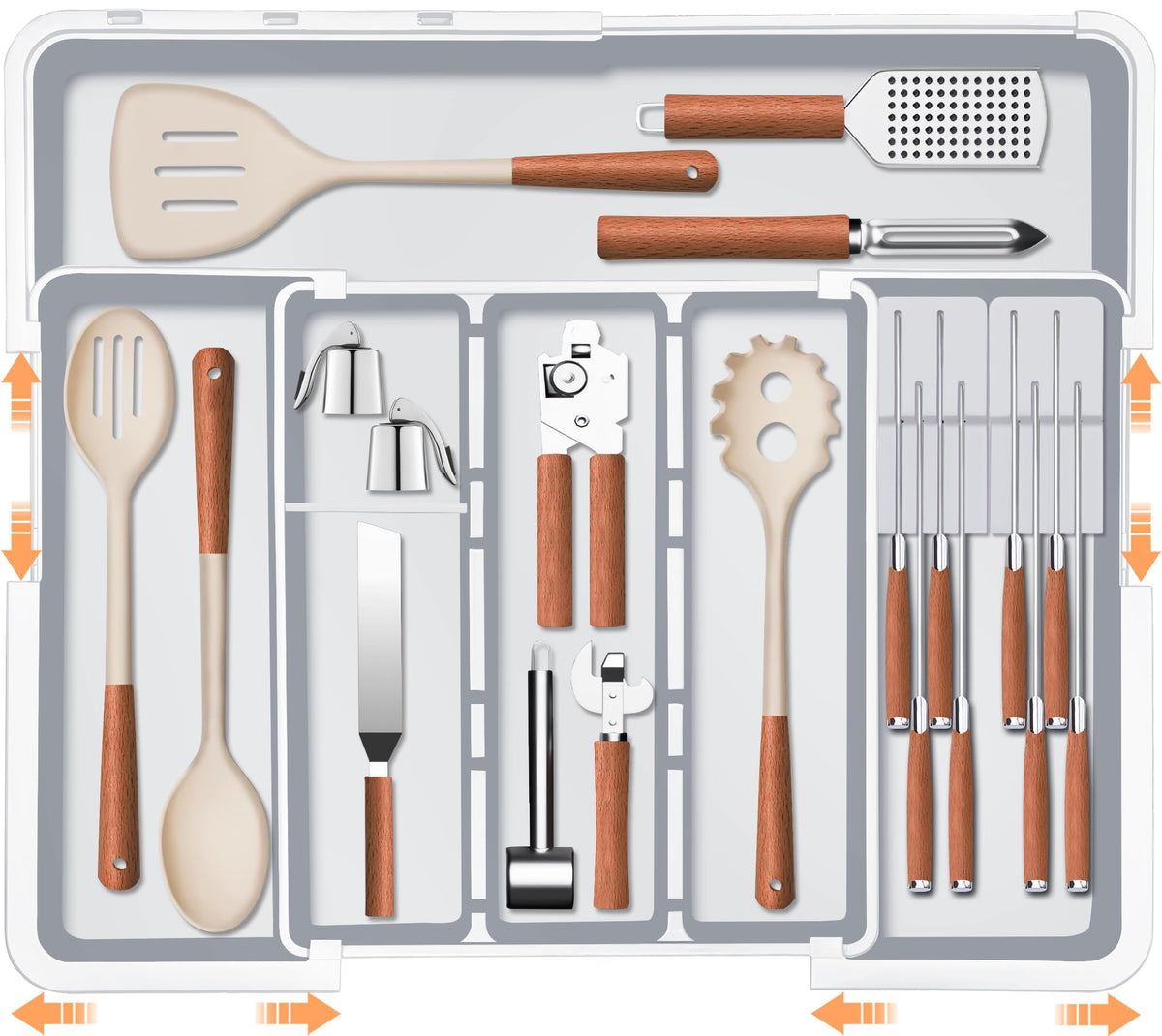 Homecor Large Utensil Organizer for Kitchen Drawer, Expandable Silverware Drawer Organizer Cooking Tray, Cutlery and Flatware Utensil Holder Kitchen Spatula Tools Storage with 3 Dividers, Grey