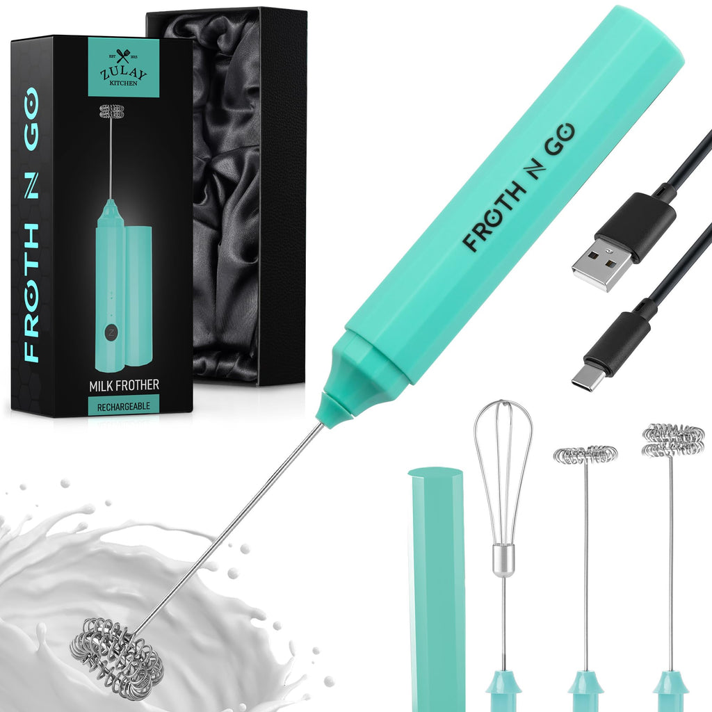 Zulay Powerful Milk Frother for Coffee with Upgraded Titanium Motor - Handheld Electric Whisk, Milk Foamer, Mini Mixer & Coffee Blender for Frappe, Latte, Matcha, No Stand - Pristine Teal