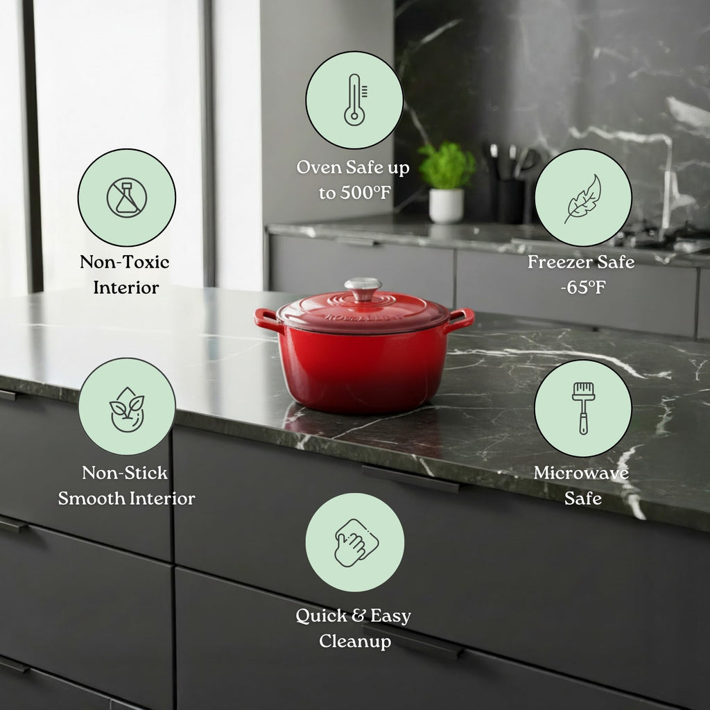 ROSSALLINI Signature Enameled Cast Iron Dutch Oven, Non-Stick Serving Pot with Tight Fitting Lid for Perfect Roasting, Baking, Sauteing, and Bread Making | 5.5Q (5.2L) - Red