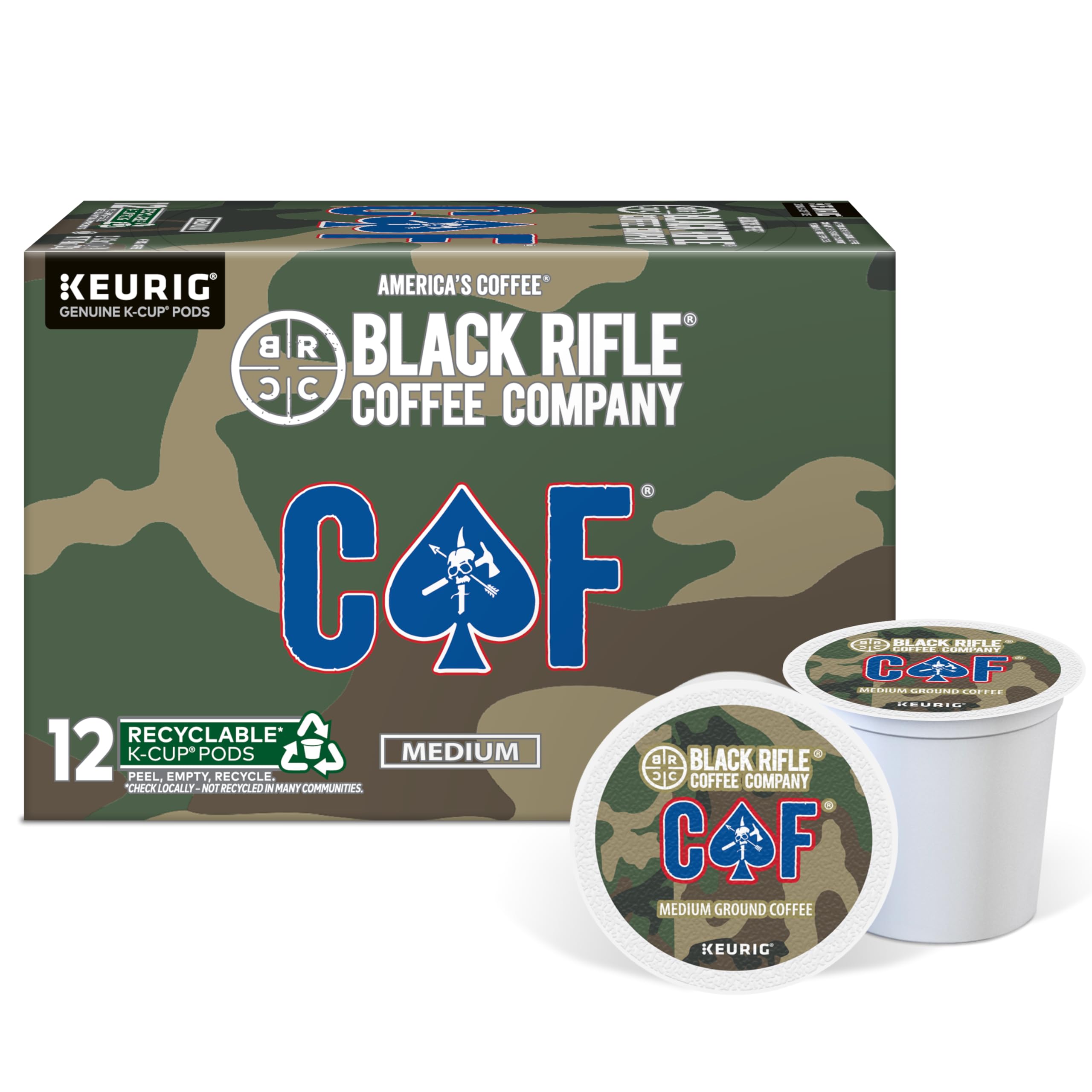 Black Rifle Coffee Company CAF, 12 Count, Medium Roast K Cups - Single Serve K Cups Coffee Pods - Kcup Pods Compatible with all Keurig machines - Made from Arabica Beans