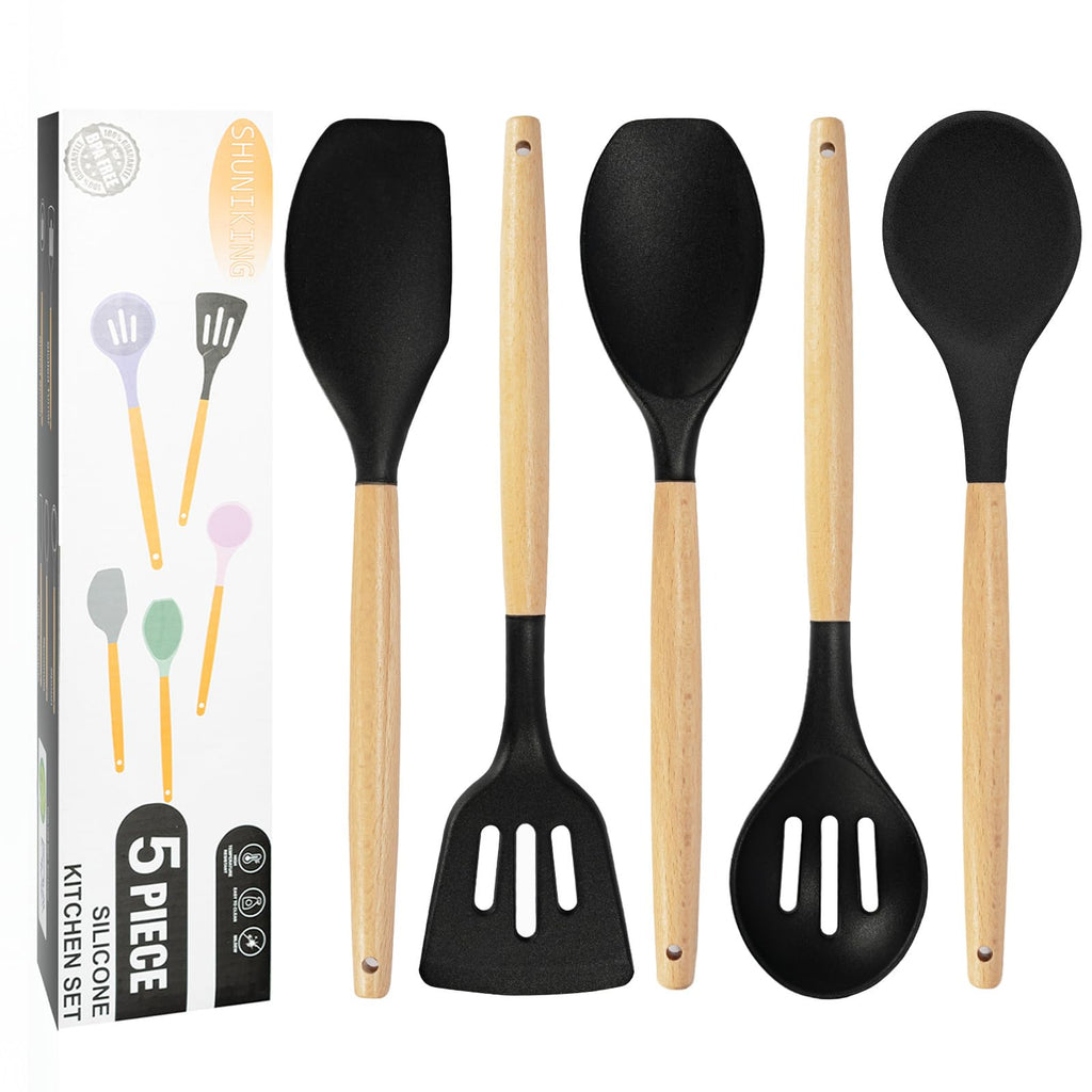 Cooking Utensils Set,19 Kitchen Set Utensils Set with 11 Pieces Spatula Cooking Utensils,Heat Resistant Silicone Utensils 6 Piece Sharp Knife Set 2 Pieces Utensil Cutting Board (Black 19 PCS Set)
