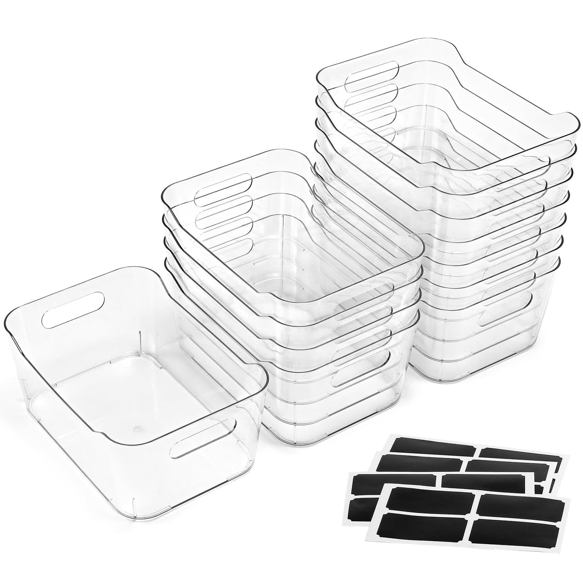 12 PACK Multi-Use Clear Plastic Storage Bins for Organizing w/Labels - Home, Kitchen, Pantry, Bathroom, Office, Cabinet Shelf Organizer Bins - SOHO Collection, RV, Fridge Organization Containers - L