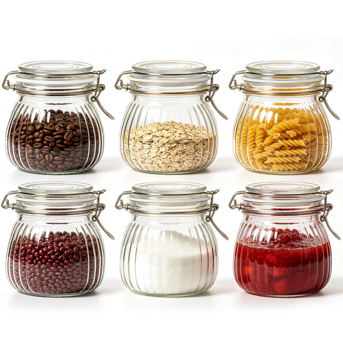 ComSaf Ribbed Glass Pantry Jars with Airtight Lids 34 oz 3 Pack Coffee
