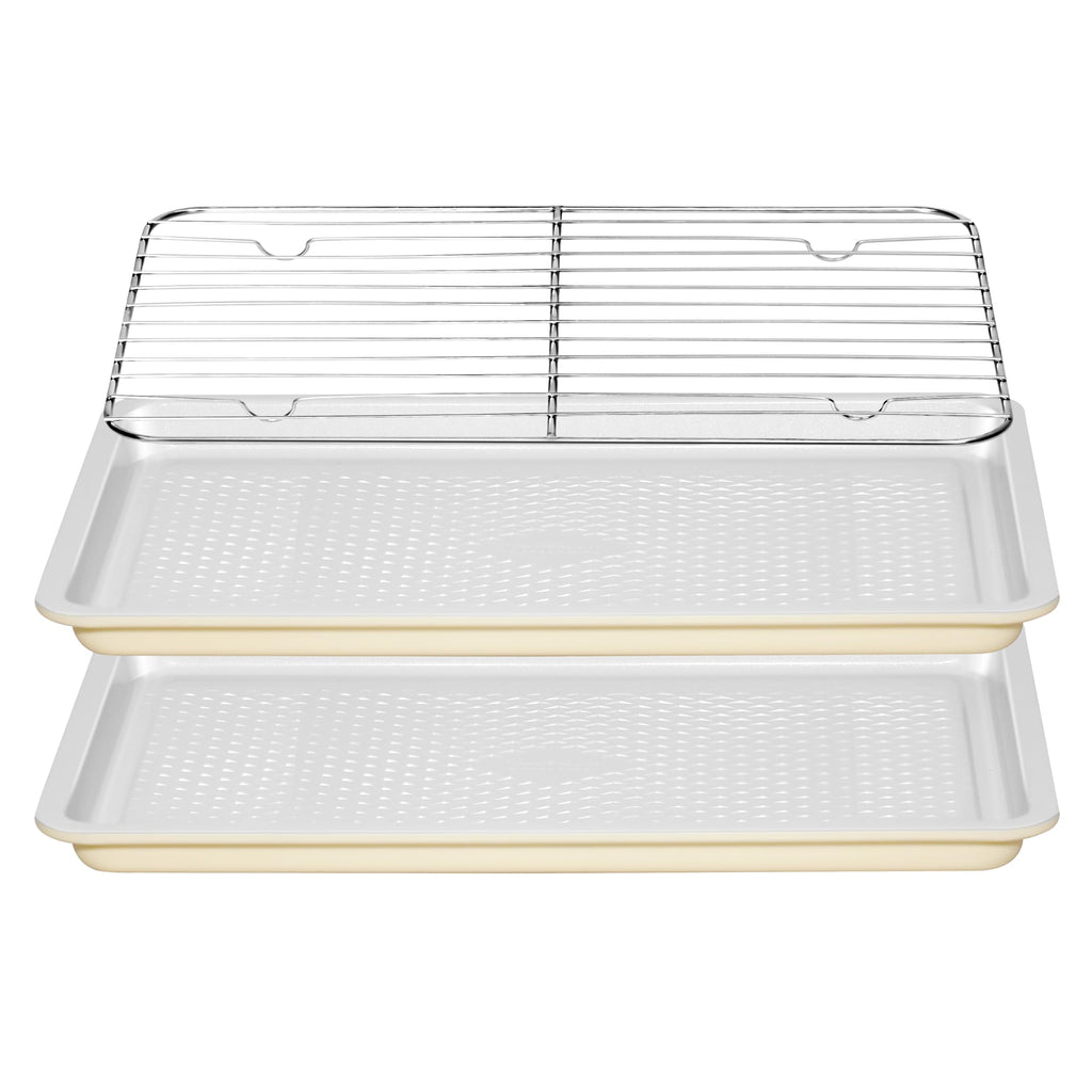 Ymiton Nonstick Ceramic Baking Sheet With Rack, 2-Pack 15x10 Jelly Roll Sheet Pan, Non-Toxic, PTFE & PFOA Free, Warp-Free, Oven Safe 550°F, Dishwasher Safe, Aluminized Steel, Gray Yellow