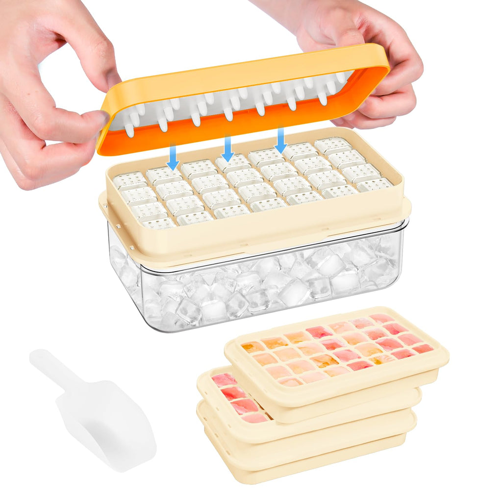 0.8“ Ice Cube Tray with Lid and Bin, PHINOX 84 Cubes Ice Trays for Freezer, Ice Cube Trays for Freezer with 3 trays, Container, Lid & Ice Scoop, BPA Free, Yellow(28Cubes/Tier)