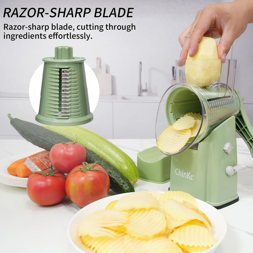 ChinKc Upgrade Rotary Cheese Grater Shredder with Handle, Strong Suction Base, Multi-purpose Rotary Grater Slicer with 5 Interchangeable Blades for Ice, Vegetables, Fruit, Nuts with Blade Storage Box