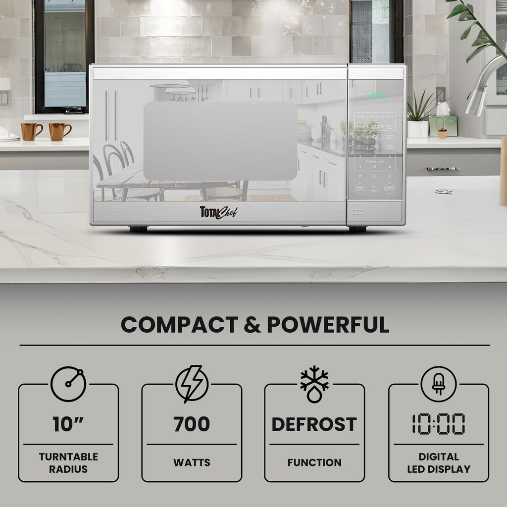 Total Chef 0.7 Cu Ft Microwave Oven - Countertop Small Kitchen Appliance, Stainless Steel Microwave with Digital Touch, Pre-Set Functions, 10” Turntable, 700 Watt