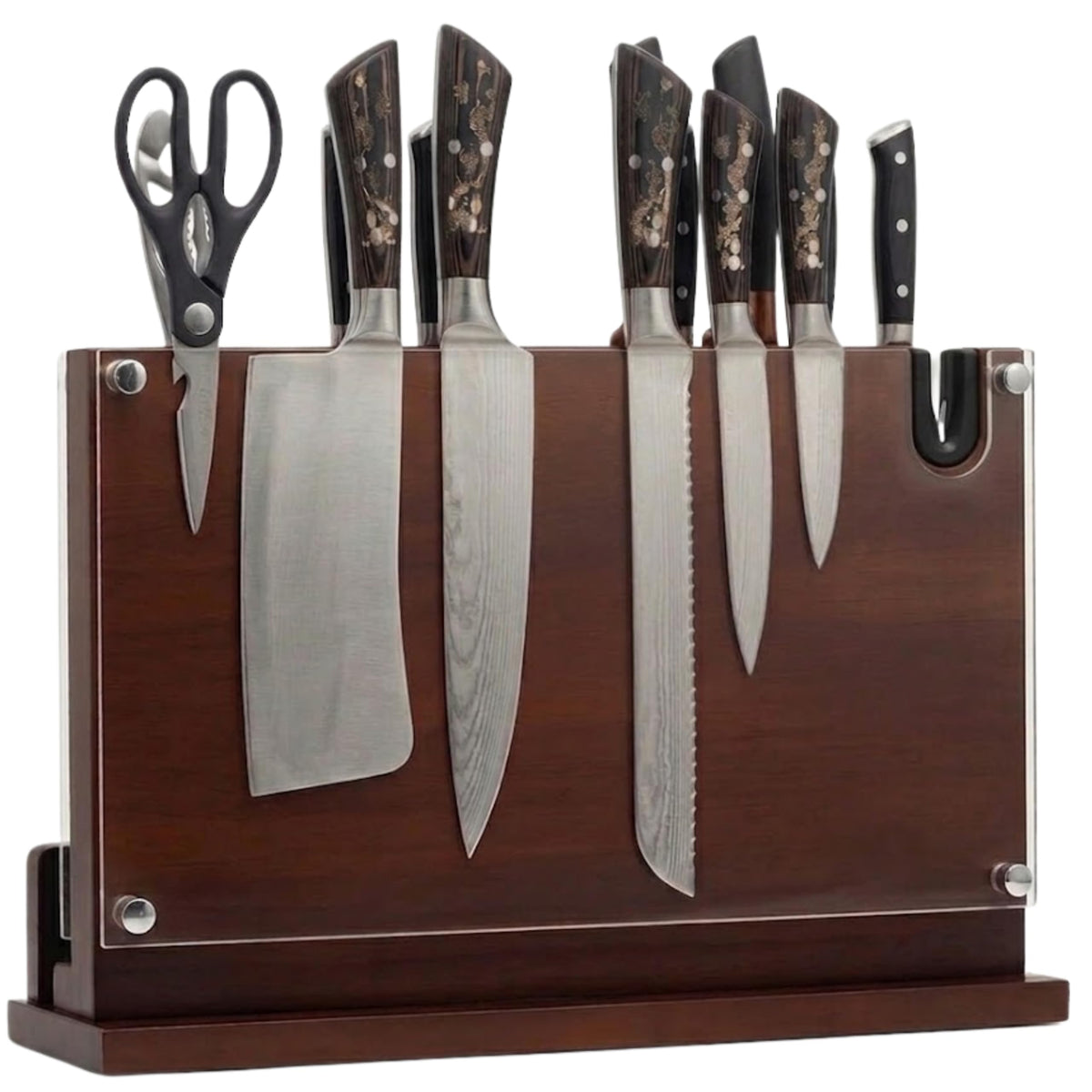 Magnetic Knife Block with Builtin Sharpener, Double Sided Magnet and Acrylic safety shield on both side for Kitchen Counter, Extra Large size 14'x10',Wood Magnetic Knife Holder,stand. Board.