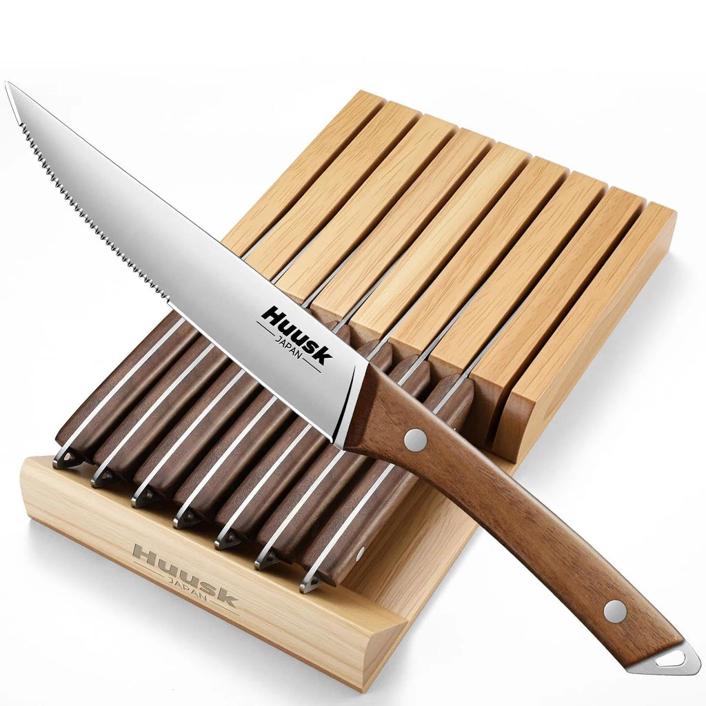 Huusk Steak Knives Set of 8 with Wood Block, Serrated & Straight Dual-Edge