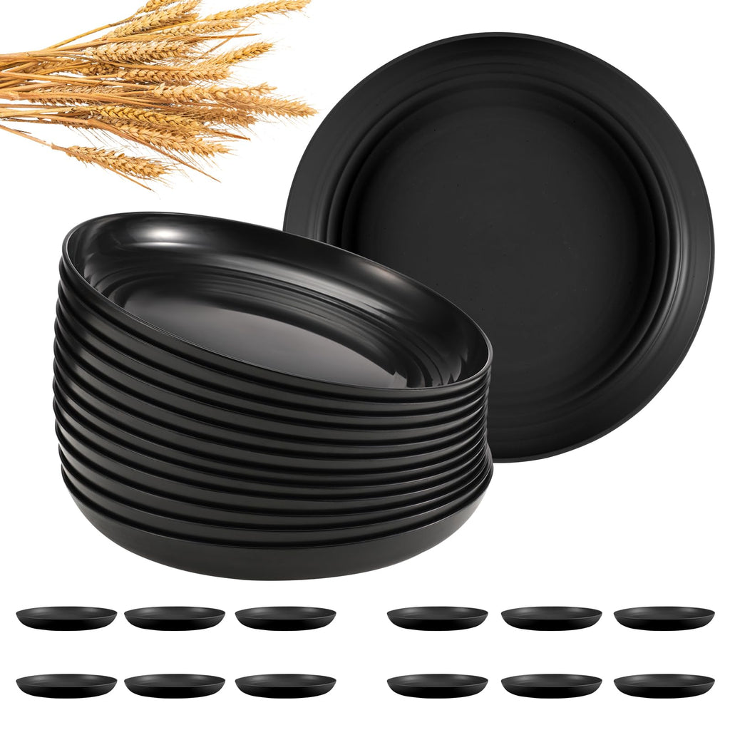 HEYCOME 12 Pcs Unbreakable Deep Dinner Plates Set, 10 inch Reusable Plastic Wheat Straw Plates, Microwave and Dishwasher Safe Plate for Kitchen, Lightweight Plate for Dessert, BPA Free, 6 Colors