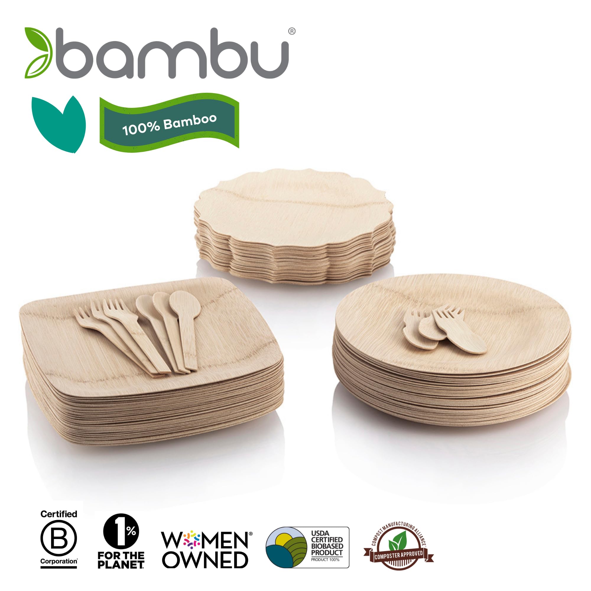 Bambu Pack of 8-9 Inch Disposable Bamboo Plates Fancy, Biodegradable Eco Friendly Products, Bamboo Disposable Plates for Party, Weddings, and Events, Great For Any Occasion, Compostable Plates