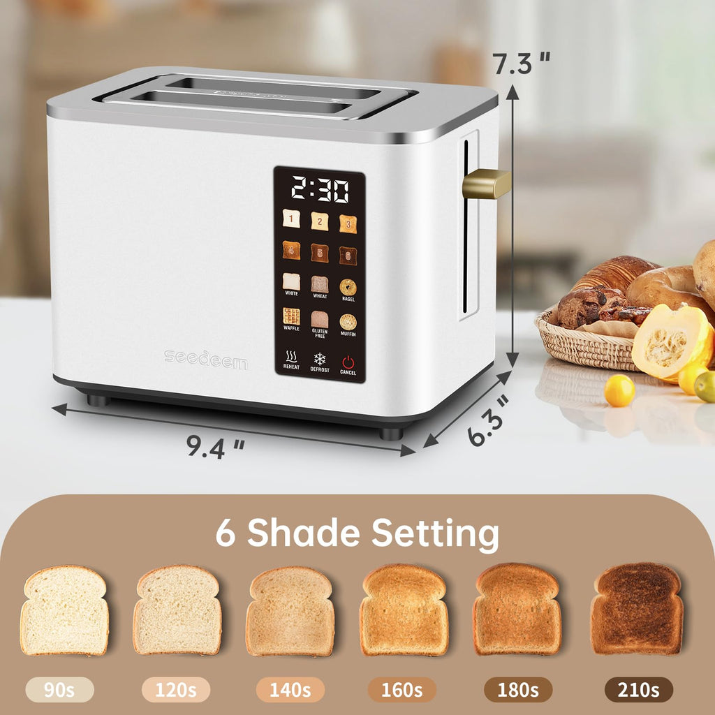 SEEDEEM Touchscreen Toaster 2 Slice, Stainless Steel, 6 Shade, 900W, White