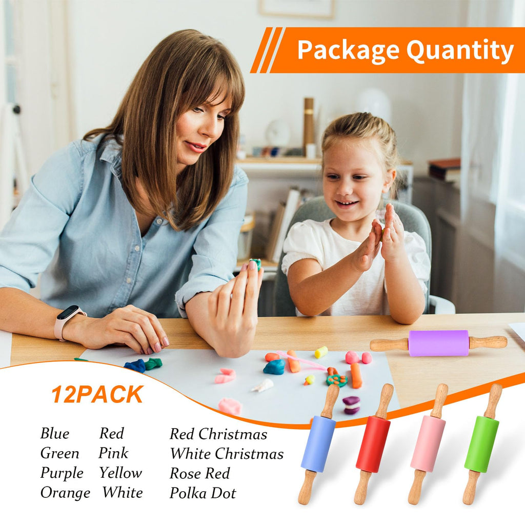Honglida Mini Silicone Rolling Pin for Kids, Non-stick Surface Wood Handle, 9 Inch 12 Pack