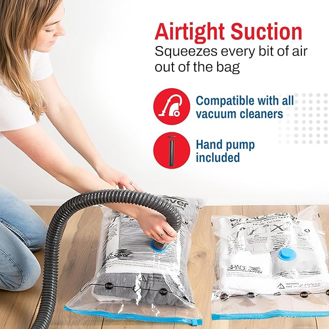 Spacesaver 8 Pack Large Vacuum Storage Bags for Comforters, Blankets & Clothes – Vacuum Sealed Compression Bags with Hand Pump – Space Saver Storage Bags for Bedding, Moving, Travel & Organization