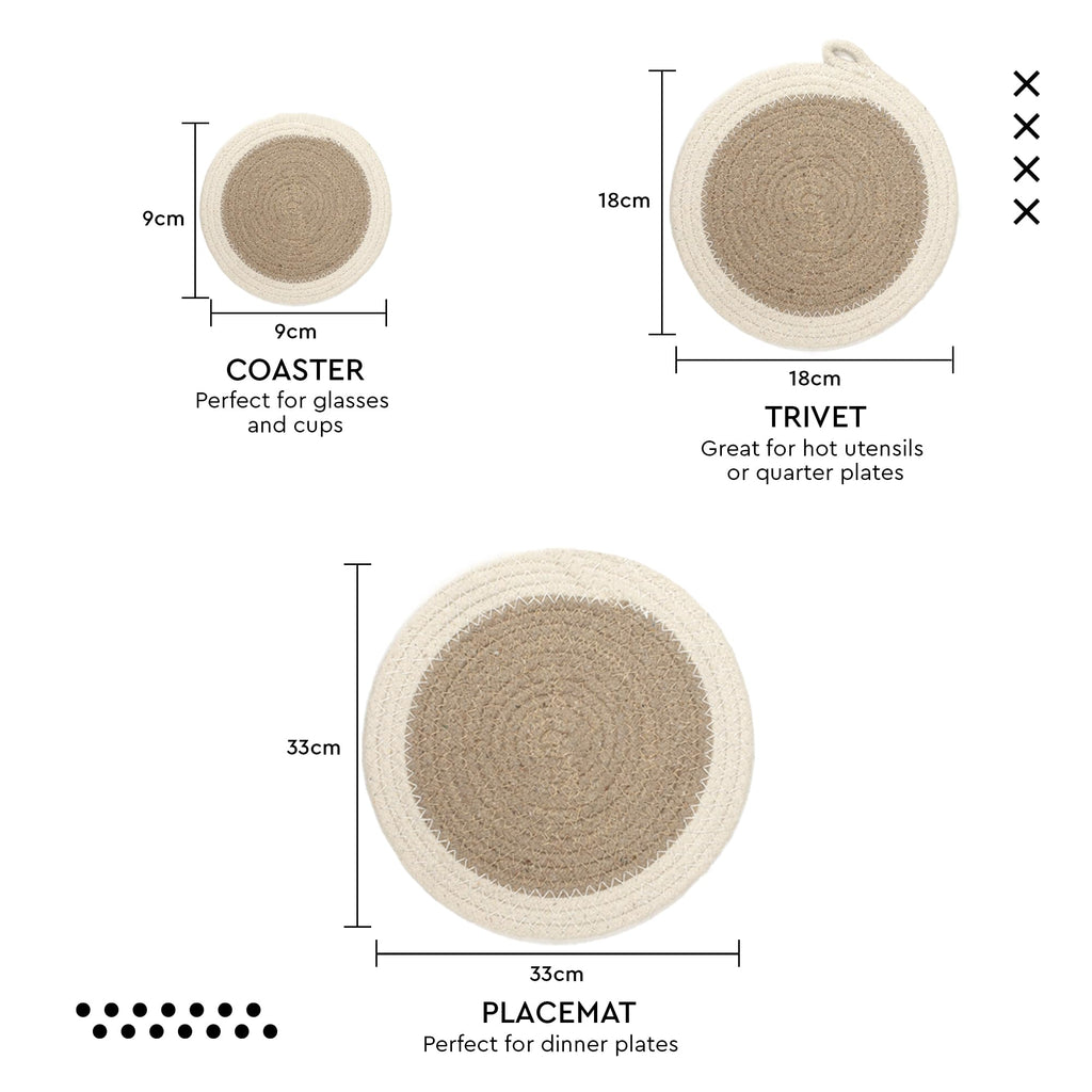 Encasa XO Round Trivet Mats for Hot Dishes with Hanging Loop | Grey Combo - Set of 6 with 7 inch Diameter | Cotton Round Thick Heat Resistant Pot Holders | Use Hot Pads Plate Mats for Hot Pots & Pans