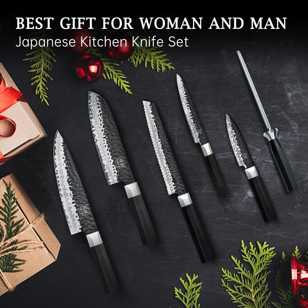 SHAN ZU 7-Piece Japanese Knife Set - 7 Layers 10Cr15MoV High Carbon Steel Kitchen Knifes Set with Block and Sharpener,Ultra-Sharp Chef Knife Set with G10 Handle
