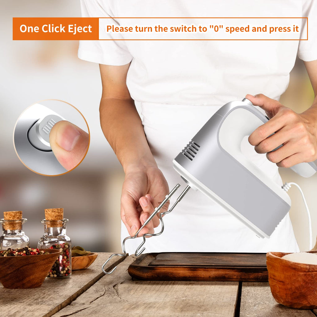 Yomelo 9-Speed Digital Hand Mixer Electric, 400W Powerful DC Motor, Hand Mixer Electric Handheld with Snap-On Storage Case, 5 Stainless Steel Accessories, Beaters, Dough Hooks, Whisk(Silvery White)