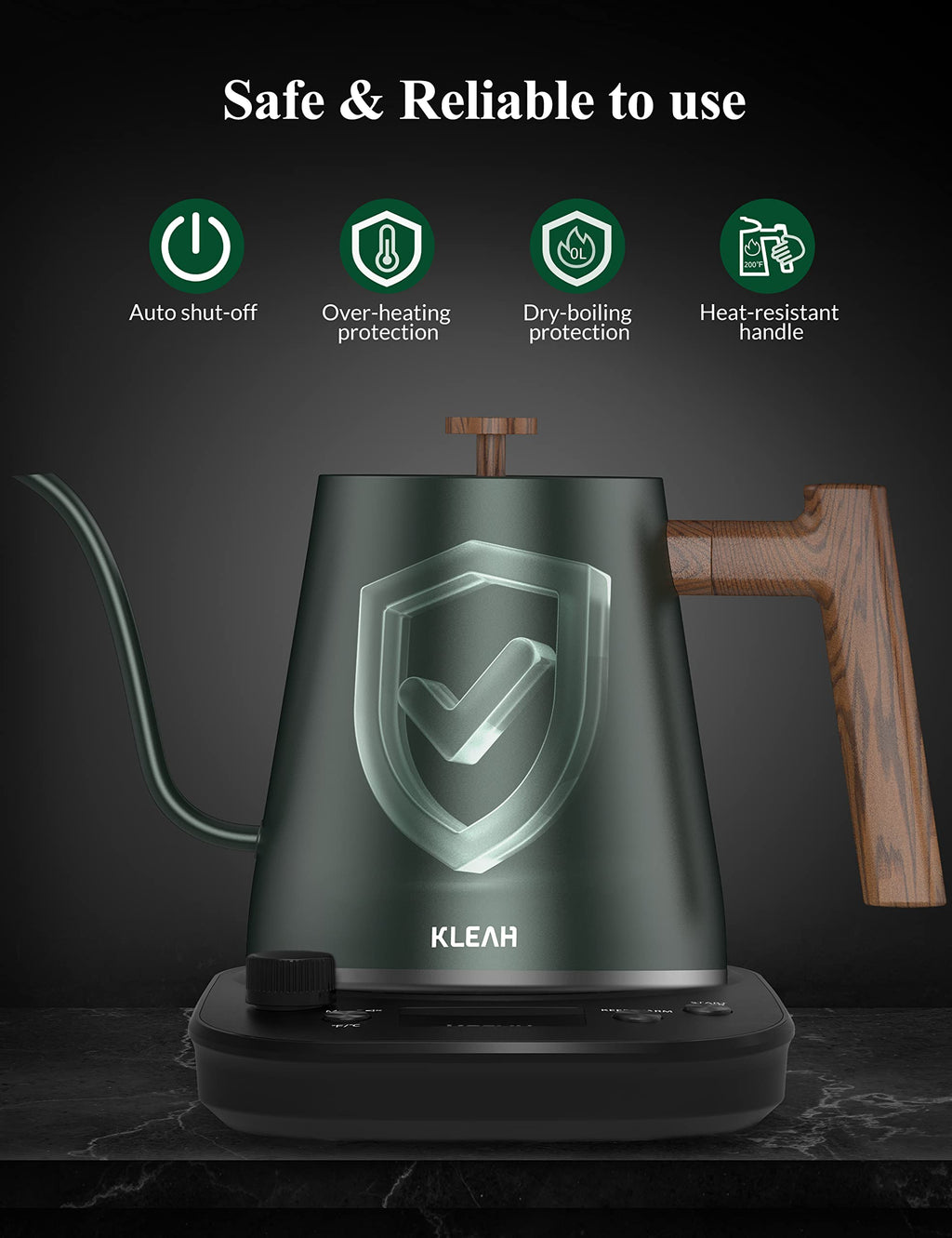 KLEAH Gooseneck Electric Kettle with Temperature Control - 0.8L Automatic Shut Off Tea & Coffee Kettle, Hot Water Boiler Pour Over Coffee Kettle, 1200W Quick Heating Keep Warm, Green
