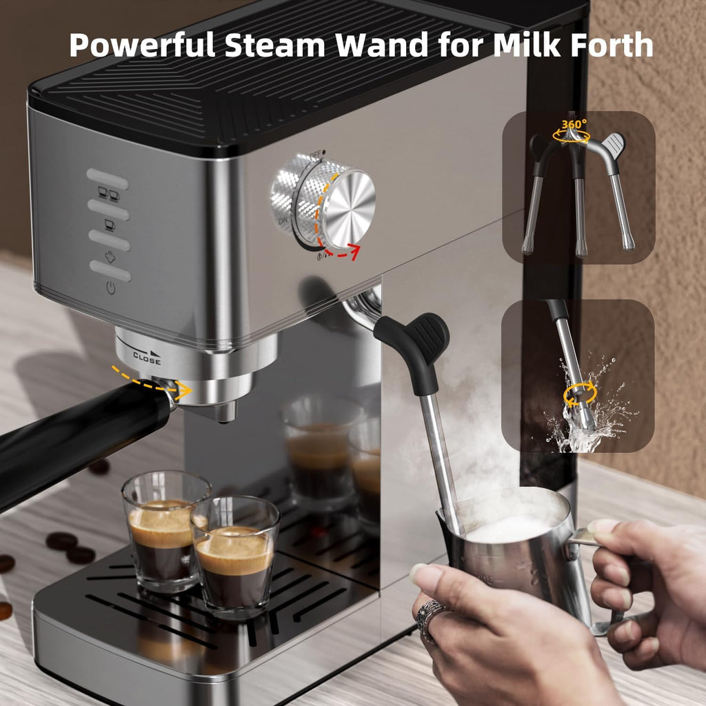 Electactic CM8032SH Essential Stainless Steel Espresso Machine with Steam Wand, Powerful 20-Bar Italian Pump, 37oz Removable Water Tank, Compact Espresso Maker for Home Baristas, Cappuccino & Latte