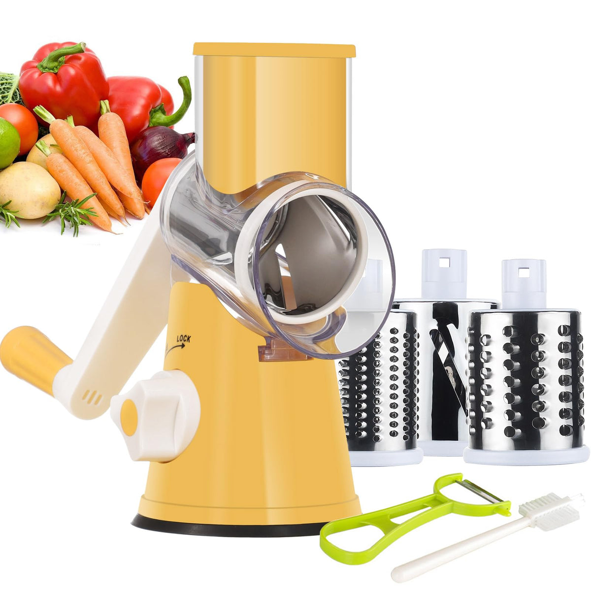 Ourokhome Rotary Cheese Grater Hand Crank, Kitchen Shredder Speed Mandolin Slicer Nut Grinder with Handle and Drum Blades for Cheese, Vegetable, Walnut, Chocolate, Potato, Carrot, 3 Blades, Red