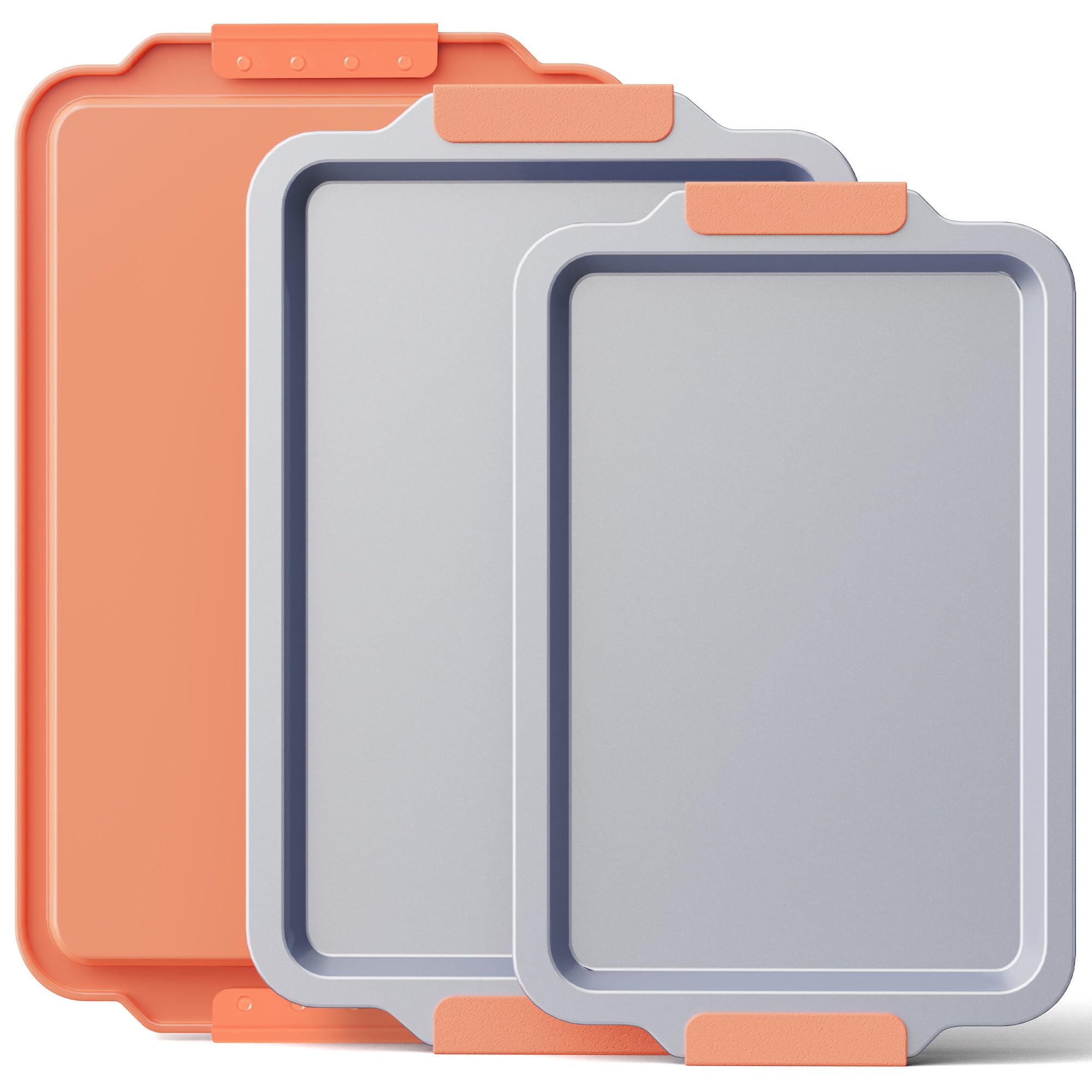 BRONYPRO Non Stick Ceramic Baking Sheet Pan Set of 3, Natural Non Toxic Cookie Sheets for Baking - PFOA, PTFE Free, Heavy Duty Aluminized Steel Oven Trays for Cooking with Silicone Handles, Coral