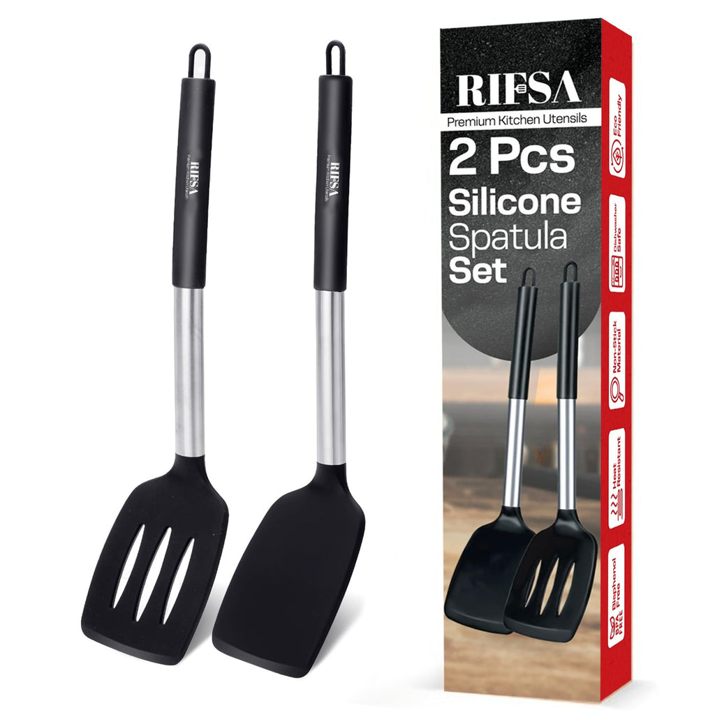 Silicone Spatula Set - Pack of 2 Non Stick Slotted Kitchen Spatulas, Heat Resistant Silicone Turner for Frying, Baking, BPA-Free, Slotted Spatula for Nonstick Cookware