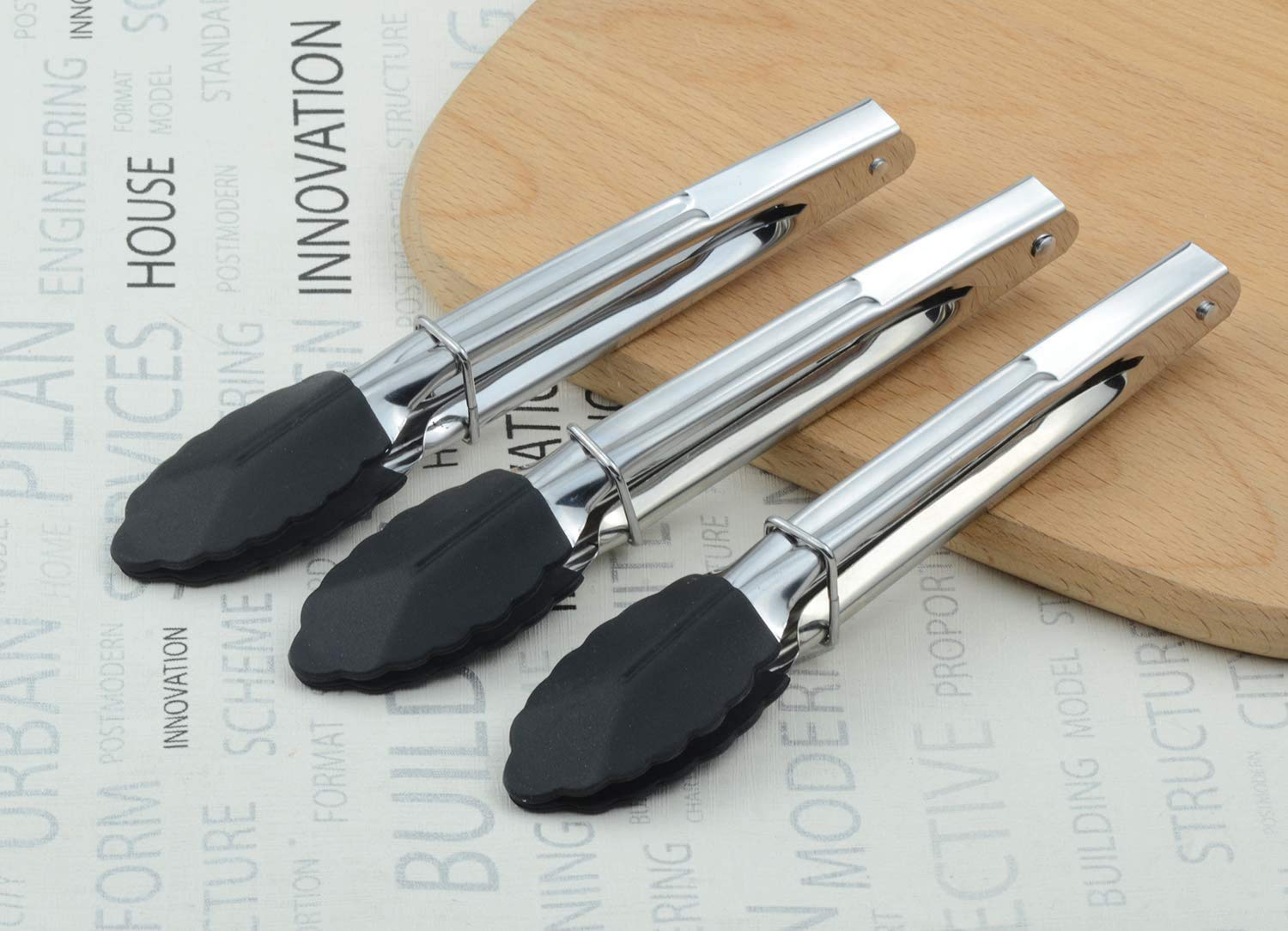HINMAY Mini Tongs with Silicone Tips 7-Inch Kitchen Tongs, Set of 3 (Black)