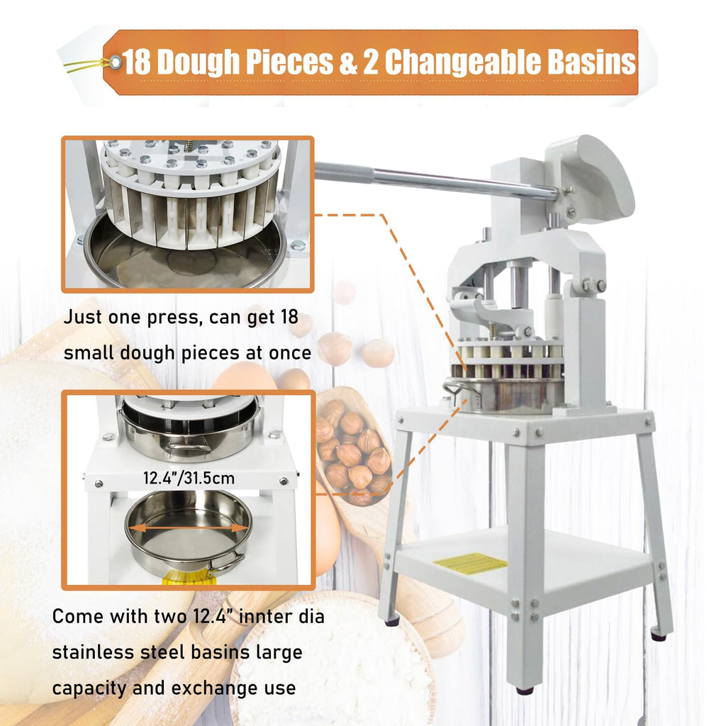 Yokoma Commercial 18PCS Dough Divider Vertical Manual 18PCS Dough Divider Manual Doughs Dividing Cutting Machine with 2 Stainless Steel Basins for Commercial Baking, 2.2-11.29oz(60-320g) Weight Range