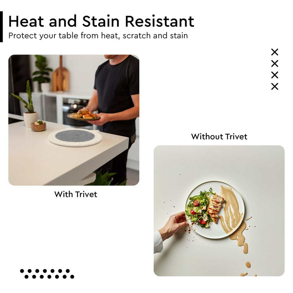 Encasa XO Round Trivet Mats for Hot Dishes with Hanging Loop | Grey Combo - Set of 6 with 7 inch Diameter | Cotton Round Thick Heat Resistant Pot Holders | Use Hot Pads Plate Mats for Hot Pots & Pans