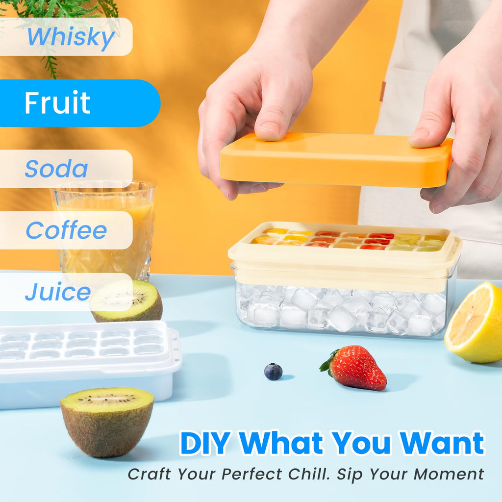 0.8“ Ice Cube Tray with Lid and Bin, PHINOX 56 Cubes Ice Trays for Freezer, Ice Cube Trays for Freezer with 2 trays, Container, Lid & Ice Scoop, BPA Free, Yellow(28Cubes/Tier)