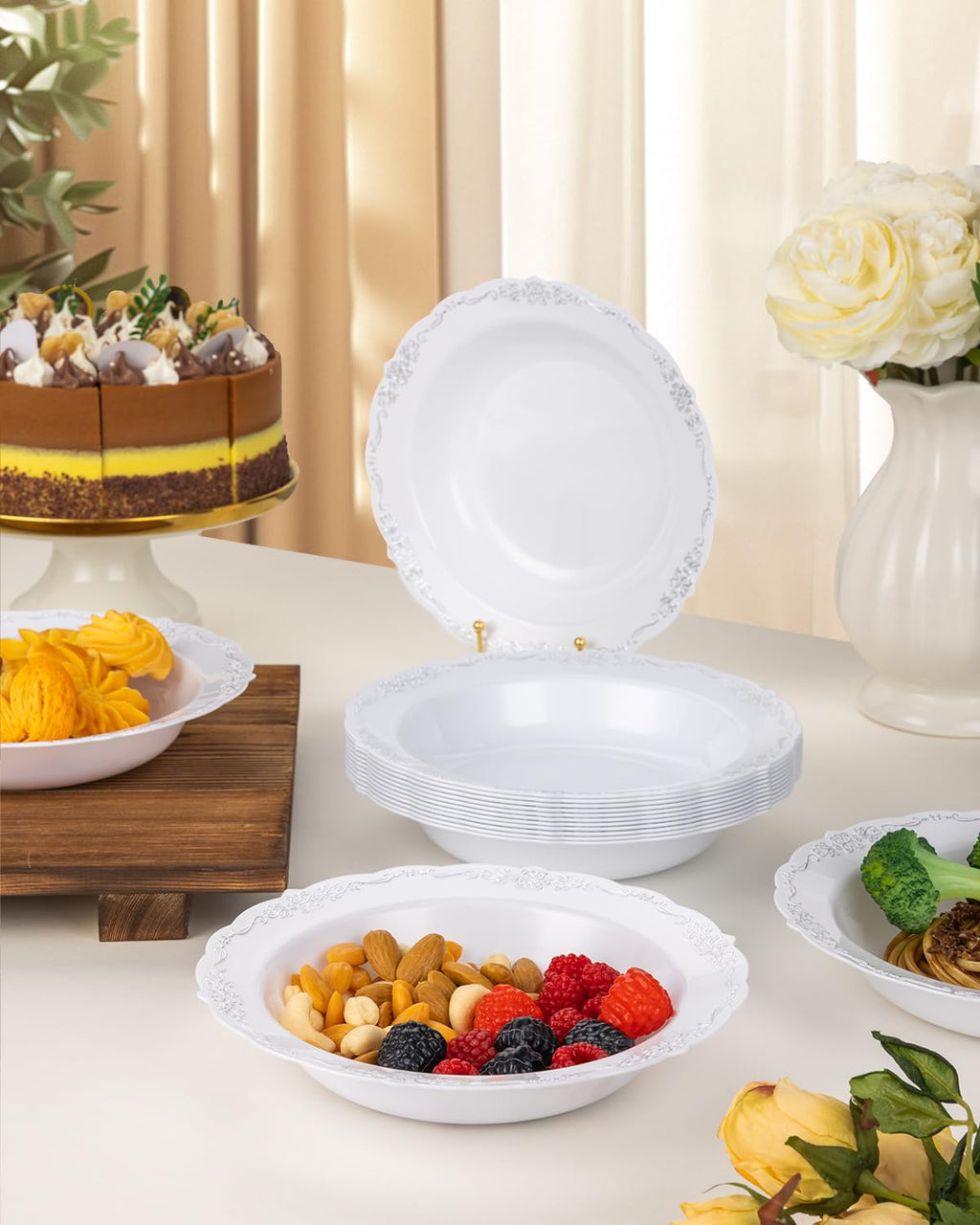 Bestluck 100 Pack White Plastic Bowls with Silver Rim