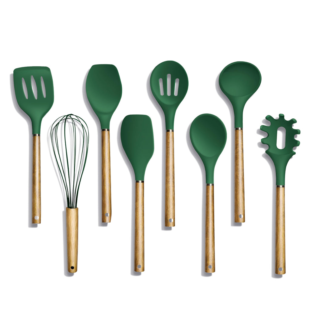 Country Kitchen Non Stick Silicone Utensil Set with Rounded Wood Handles for Cooking and Baking, 6 Piece Set, Black
