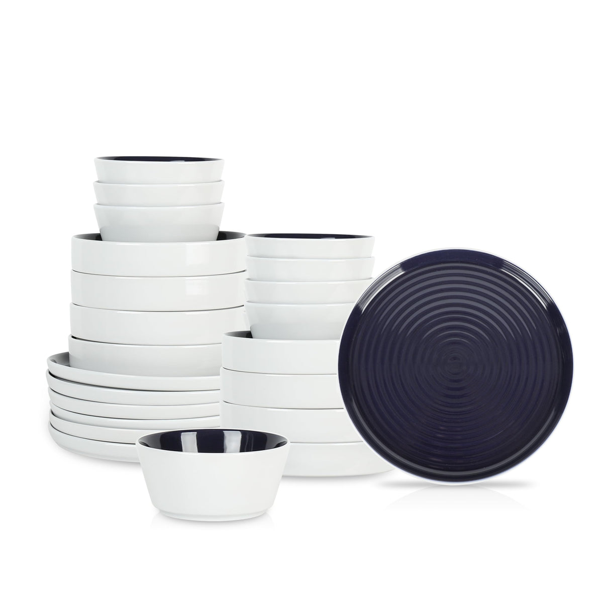 Stone Lain Elica 12-Piece Modern Dinnerware Set Stoneware, Plates and Bowl Sets for 4, Navy and White