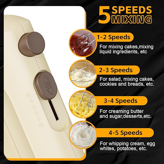 Lord Eagle 5-Speed Hand Mixer Electric Heldhand, 300W Compact Mixer for Baking, Egg Beater, Blending or Cooking, Portable & Lightweight, 5 Accessories, Cream
