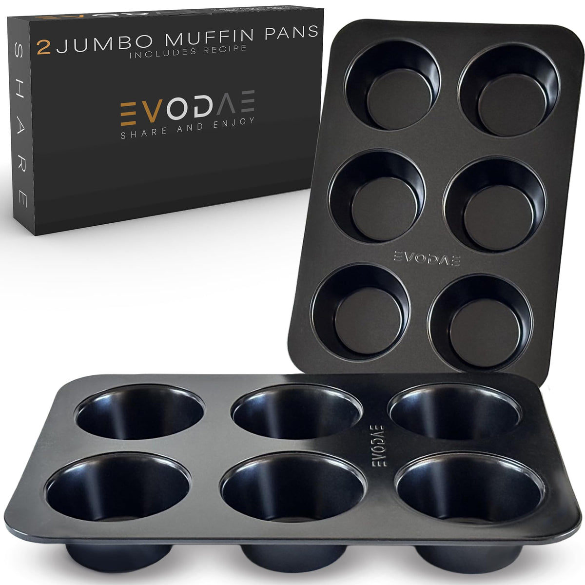 EVODAE Jumbo Muffin Pan, 2 Pack – Extra-Large Wide & Deep Cups, 12-Cup (2x6) Nonstick Carbon Steel – Texas Muffin Tin, Large Cupcake Pan – PFOA & PTFE Free, No Liners Needed, Gift Box