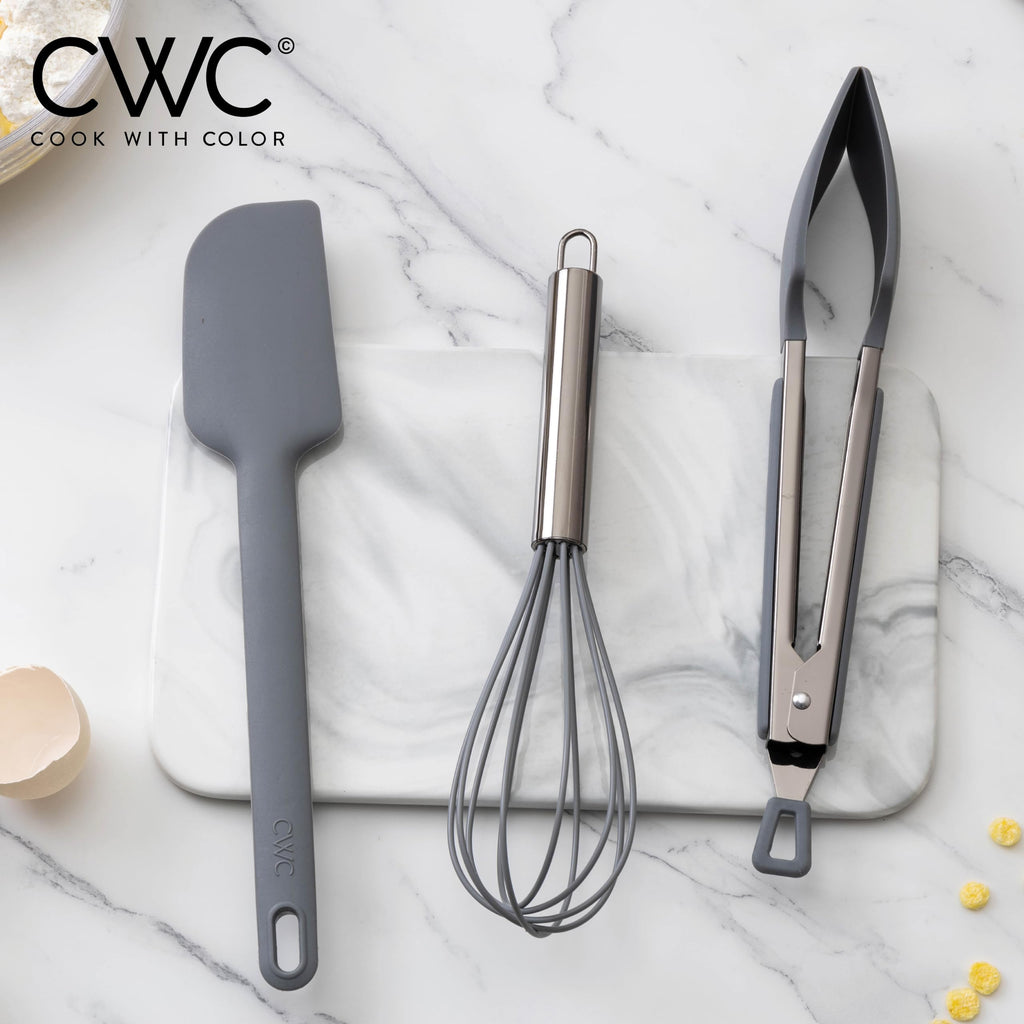COOK WITH COLOR Stainless Steel Silicone Tipped Kitchen & BBQ Tongs Set, 3 Pc Utensils, Grey