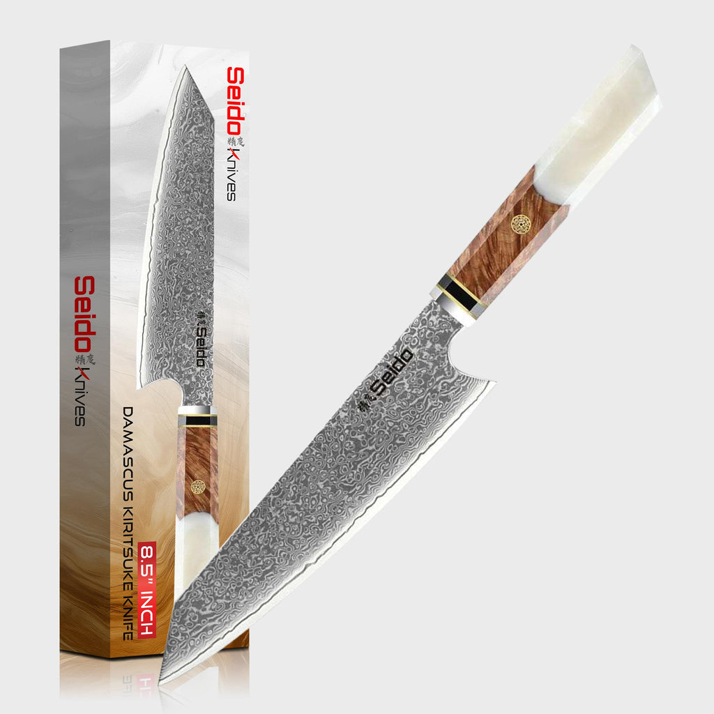Seido Knives 8.5 Inch Kiritsuke Damascus Chef Knife, VG10, Blue Resin